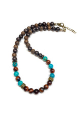 Load image into Gallery viewer, Turquoise Red Tiger Eye and Wood Necklace