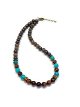 Load image into Gallery viewer, Turquoise Red Tiger Eye and Wood Necklace