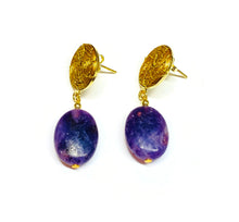 Load image into Gallery viewer, Golden stud hoop earrings with gemstone