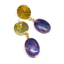 Load image into Gallery viewer, Golden stud hoop earrings with gemstone