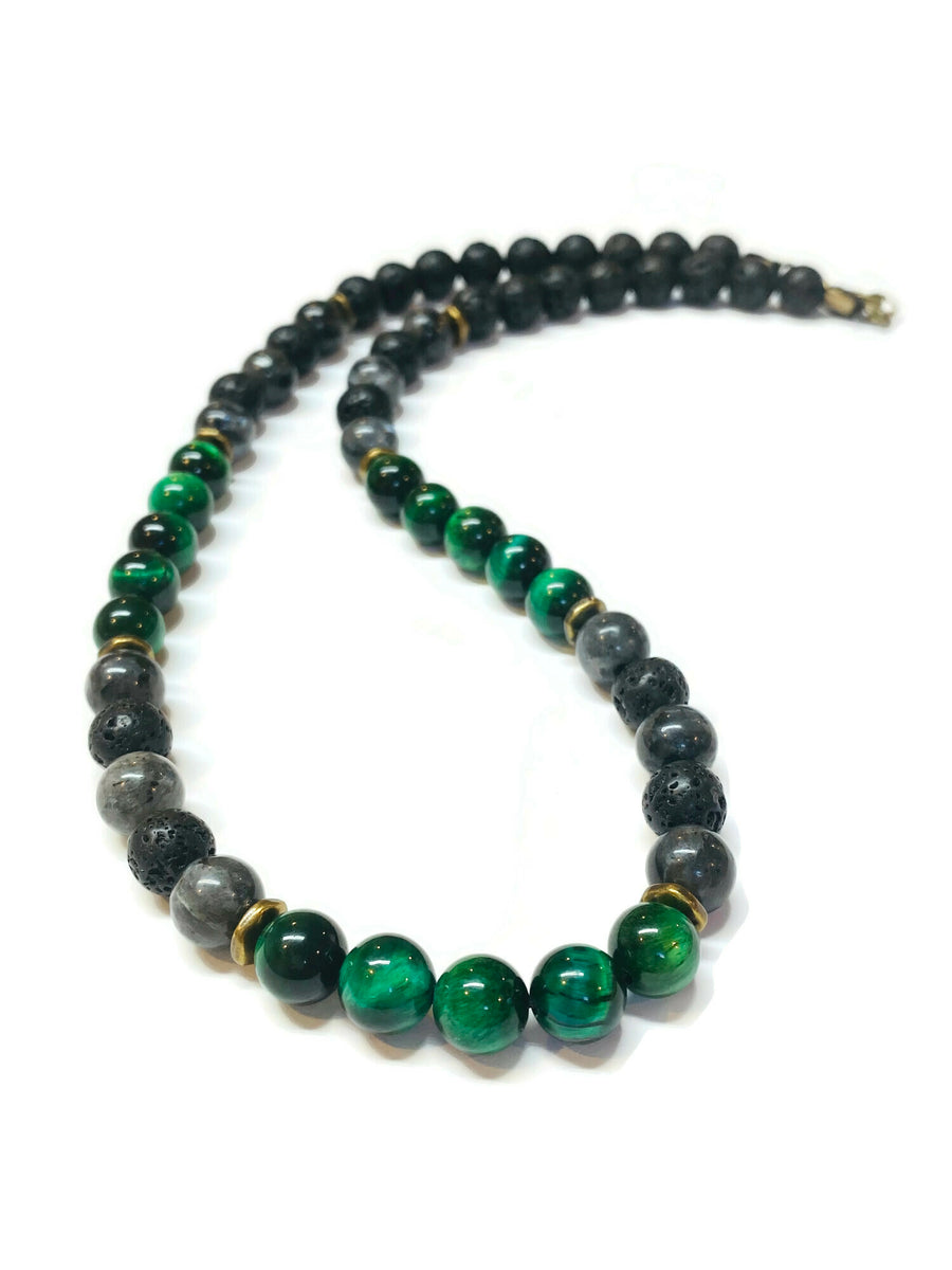 Mens Green Tiger eye, Labradorite, Lava Rock Necklace