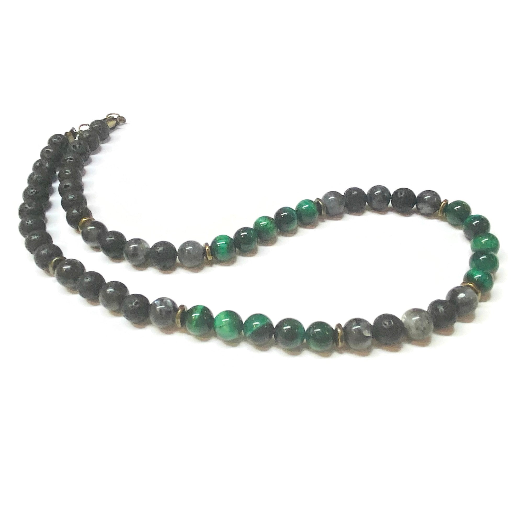Mens Green Tiger eye, Labradorite, Lava Rock Necklace