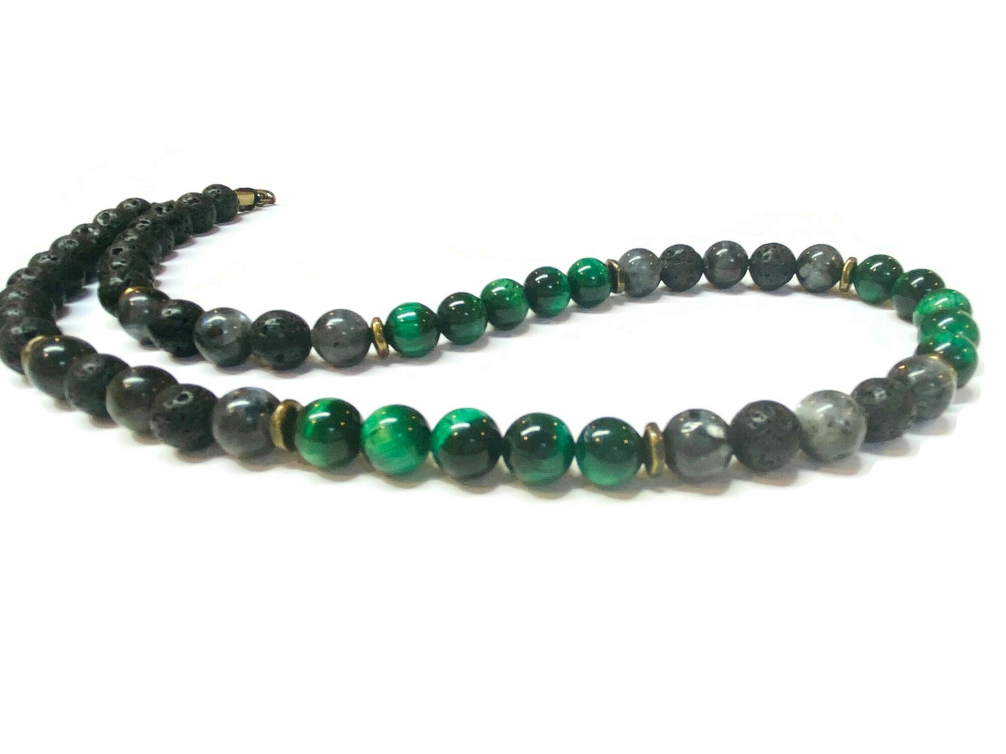Mens Green Tiger eye, Labradorite, Lava Rock Necklace