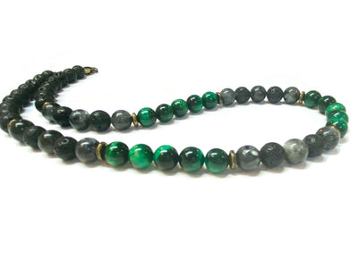 Mens Green Tiger eye, Labradorite, Lava Rock Necklace