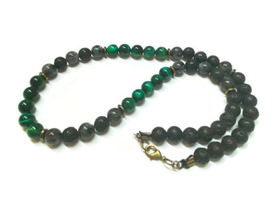 Mens Green Tiger eye, Labradorite, Lava Rock Necklace