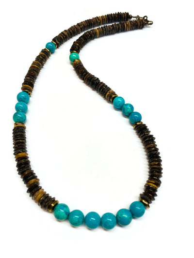 Blue Turquoise and Coconut Wood beaded Necklace for Men