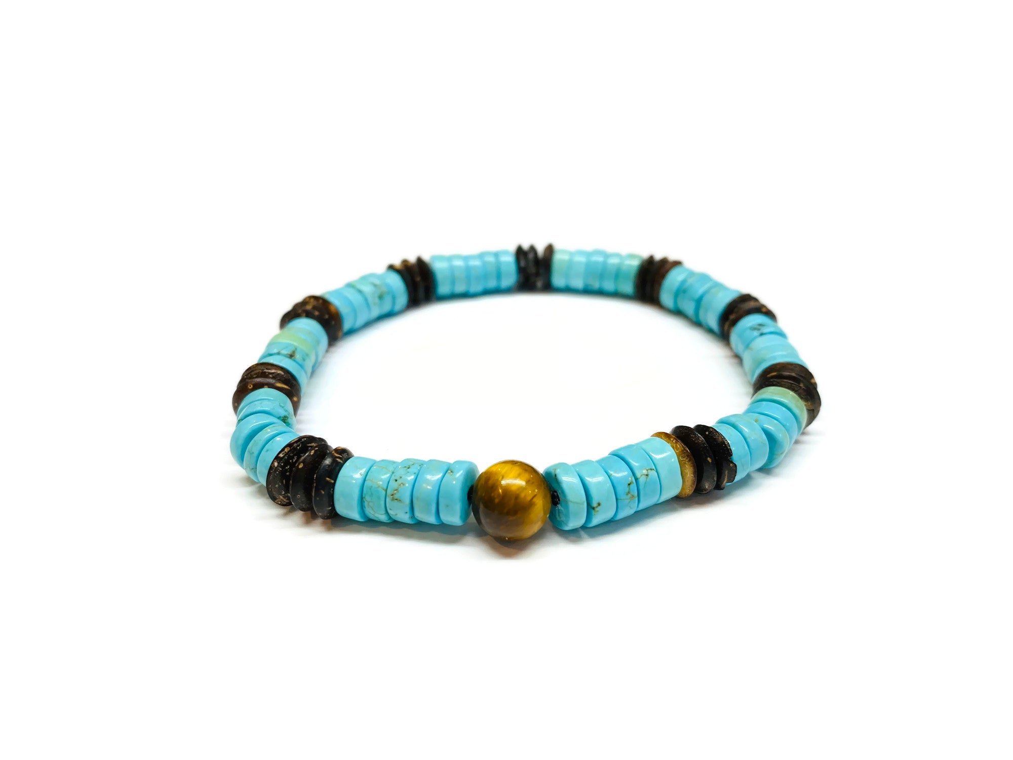 Heishi turquoise coconut and yellow tiger eye bracelet