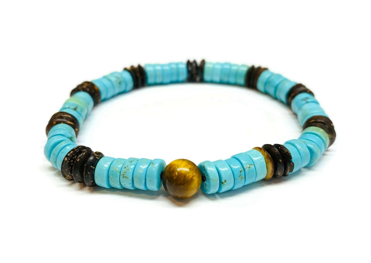 Heishi turquoise coconut and yellow tiger eye bracelet