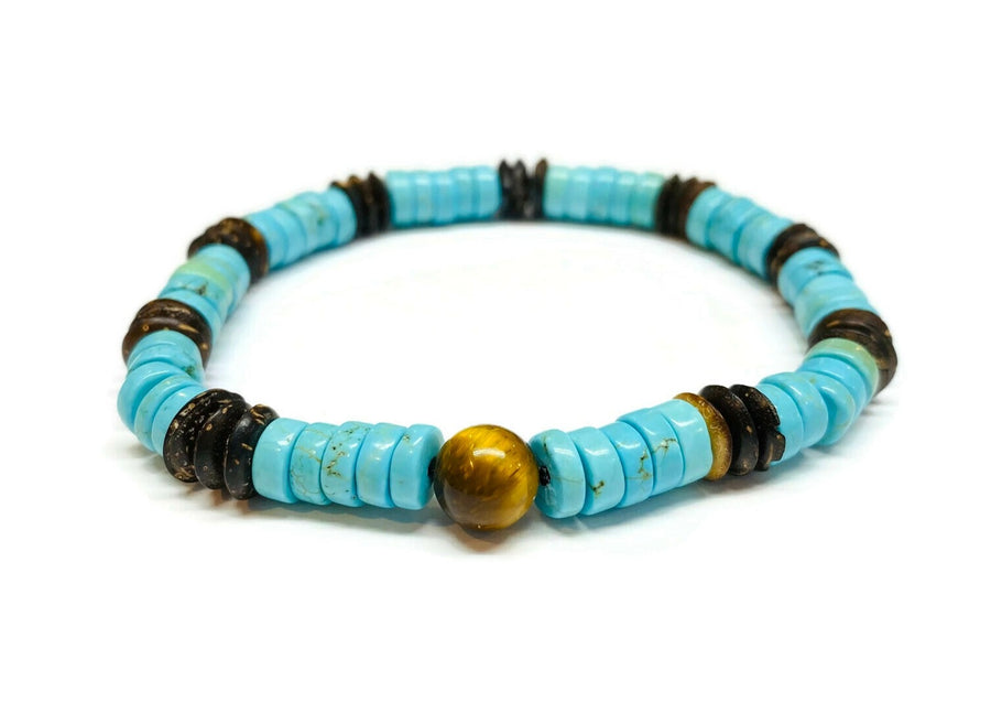 Heishi turquoise coconut and yellow tiger eye bracelet