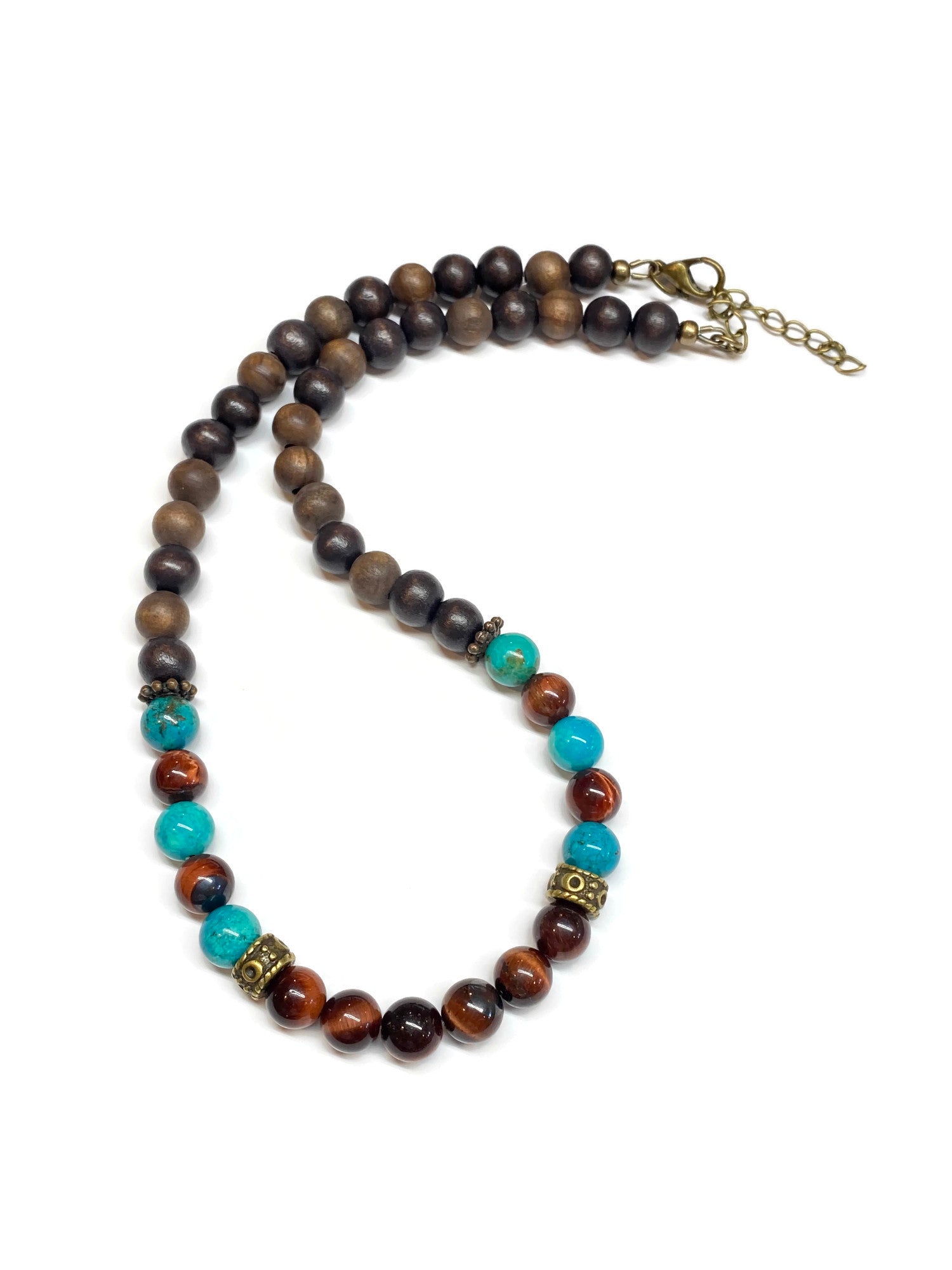 Turquoise Red Tiger Eye and Wood Necklace