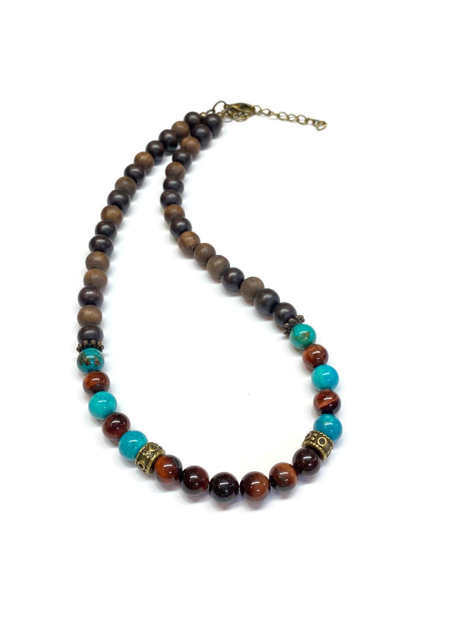 Turquoise Red Tiger Eye and Wood Necklace