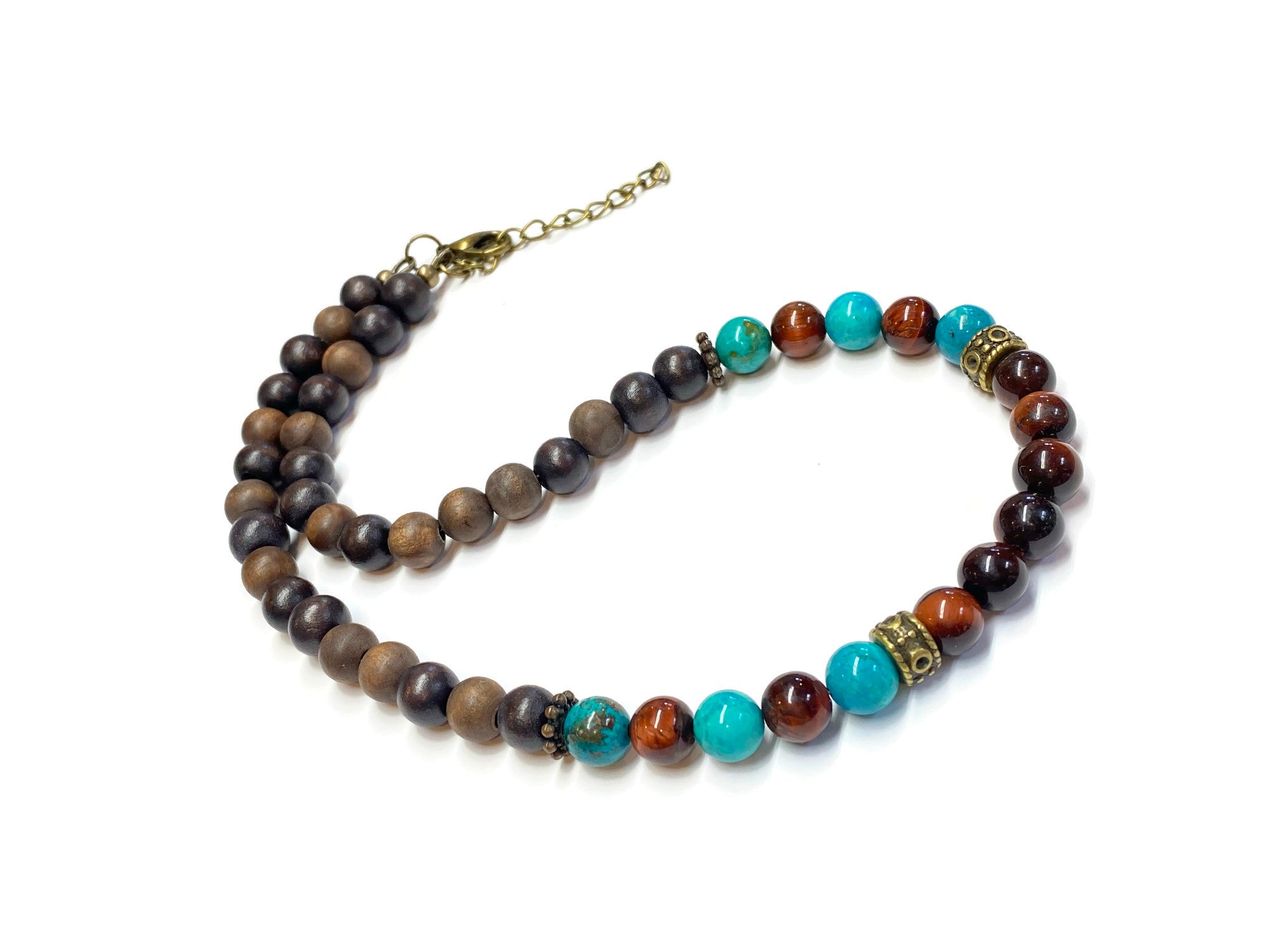 Turquoise Red Tiger Eye and Wood Necklace