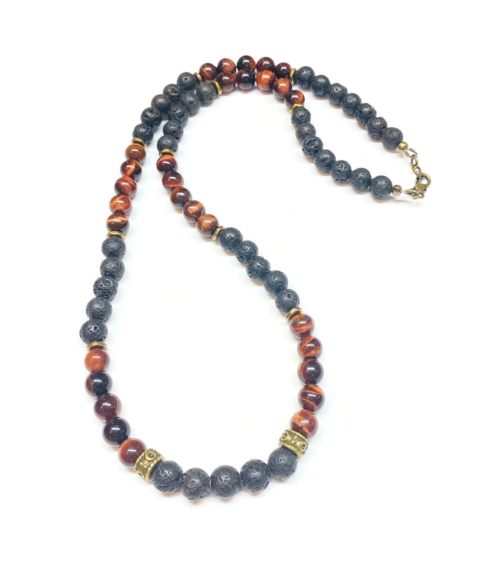 Mens Black Lava Rock and Red Tiger eye Necklace