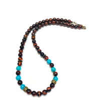 Load image into Gallery viewer, Turquoise Red Tiger Eye and Wood Necklace
