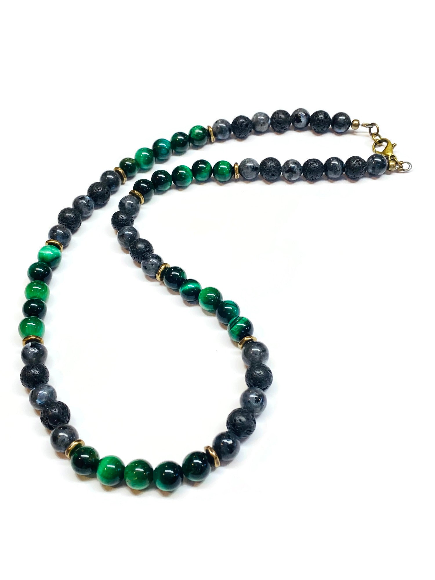 Mens Green Tiger eye, Labradorite, Lava Rock Necklace