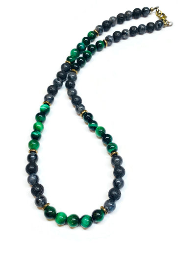 Mens Green Tiger eye, Labradorite, Lava Rock Necklace