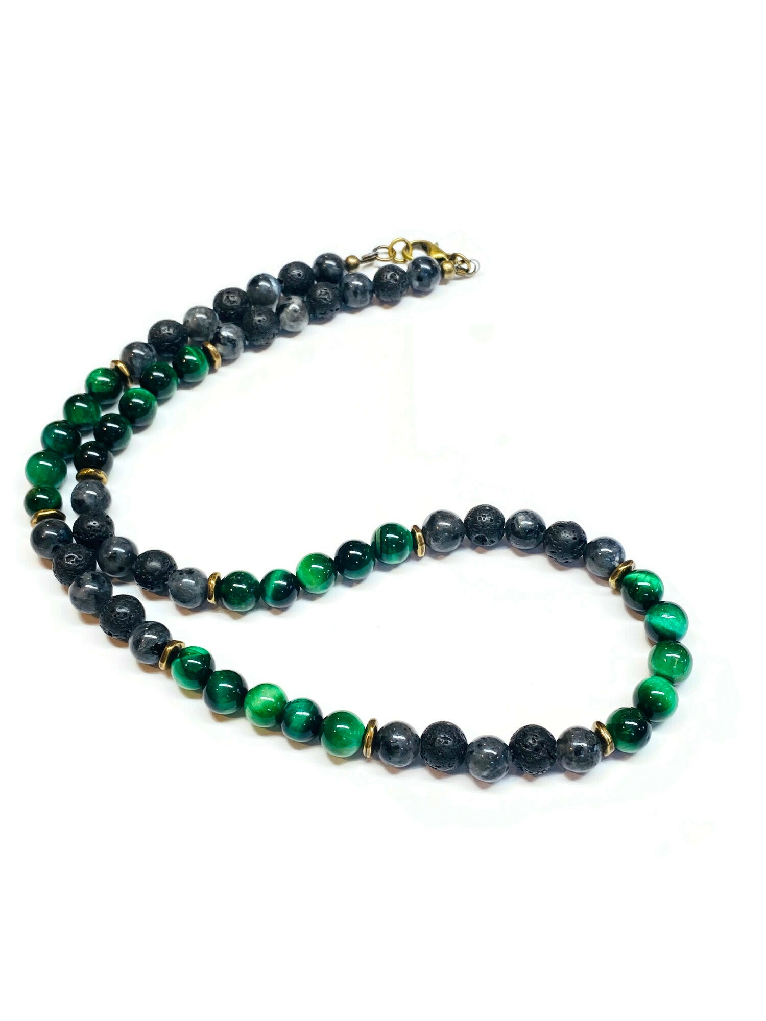 Mens Green Tiger eye, Labradorite, Lava Rock Necklace