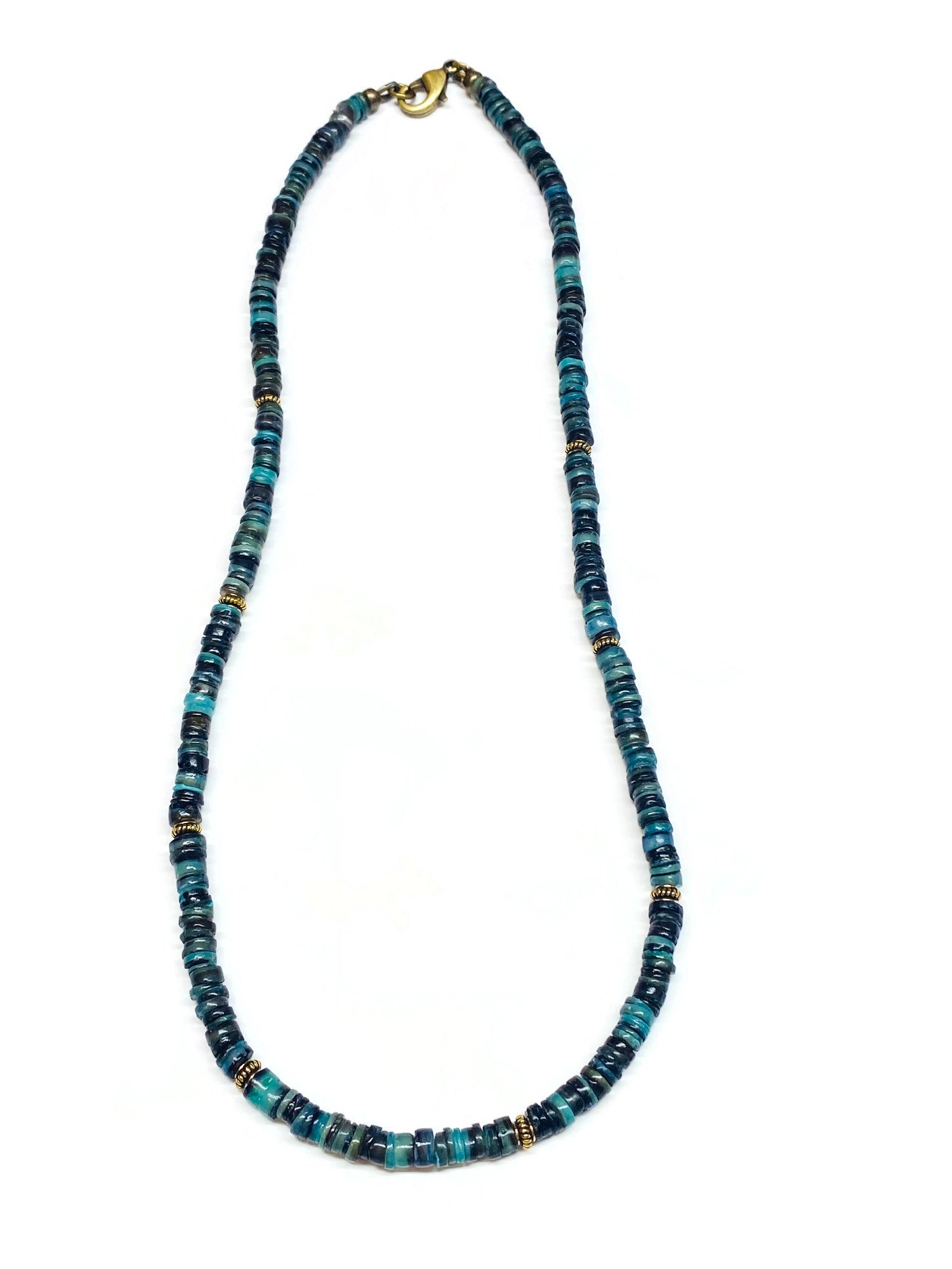 Multi Color Shell heishi and antique gold Necklace Men