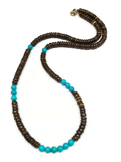 Blue Turquoise and Coconut Wood beaded Necklace for Men