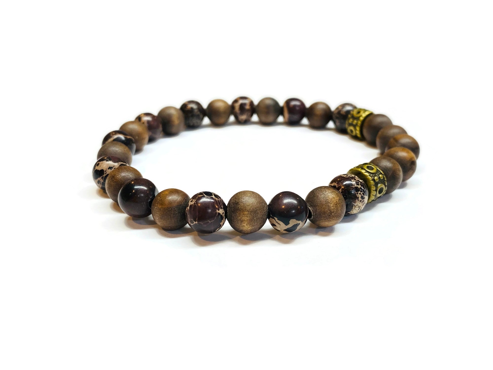 Brown Sea Jasper and Olive Wood Beads Bracelet