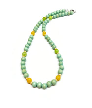 Load image into Gallery viewer, Mint Green Wood, Cloudy Yellow and Green FLower Jade Necklace
