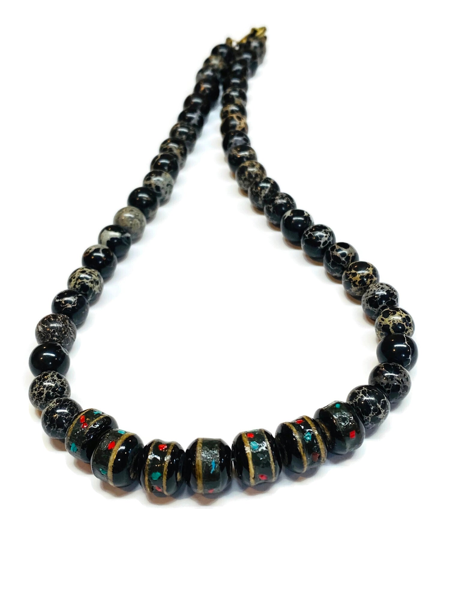 boho tribal surf african yak horn beaded necklace black sea sediment jasper for men african artisan beach