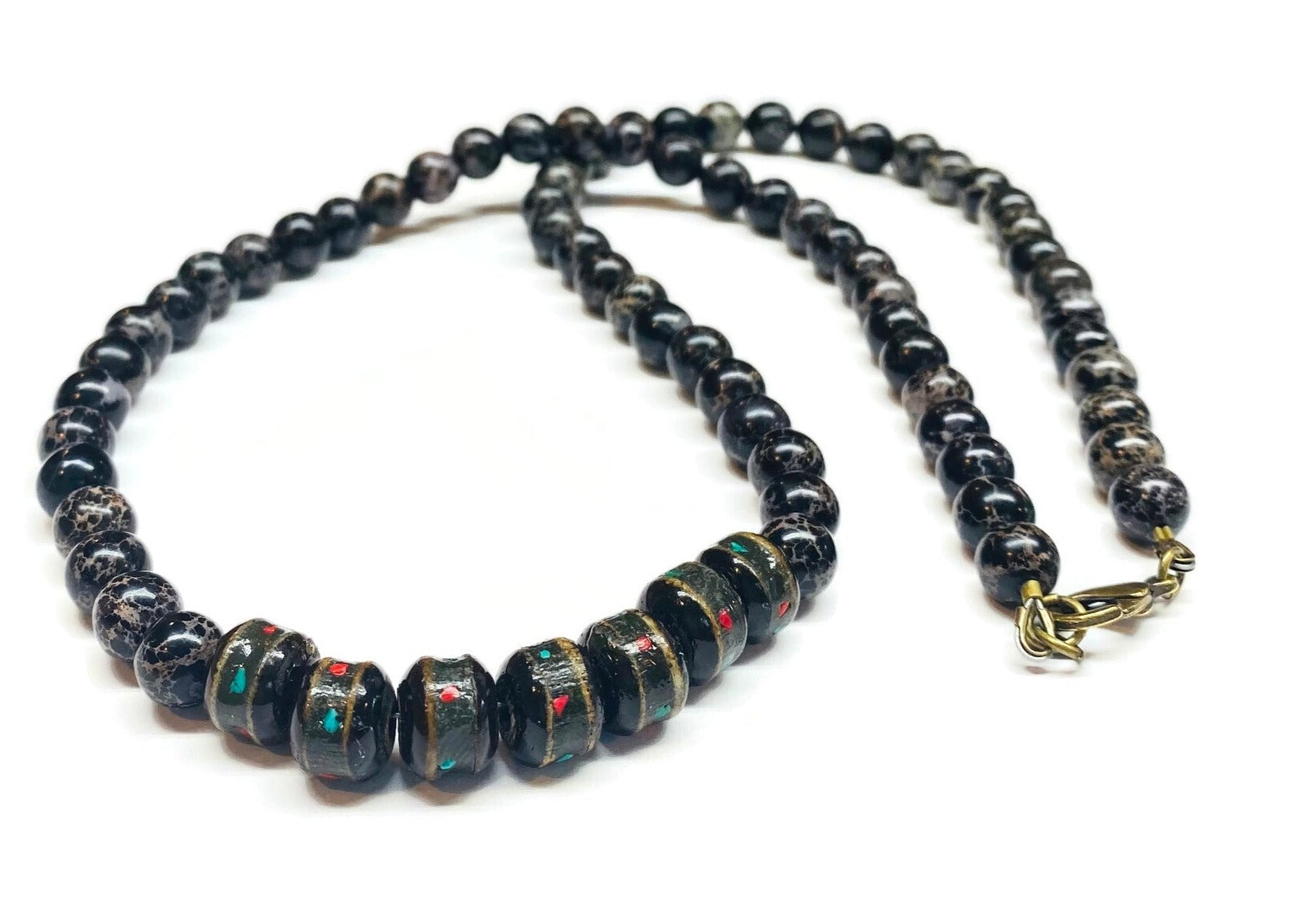 boho tribal surf african yak horn beaded necklace black sea sediment jasper for men african artisan beach