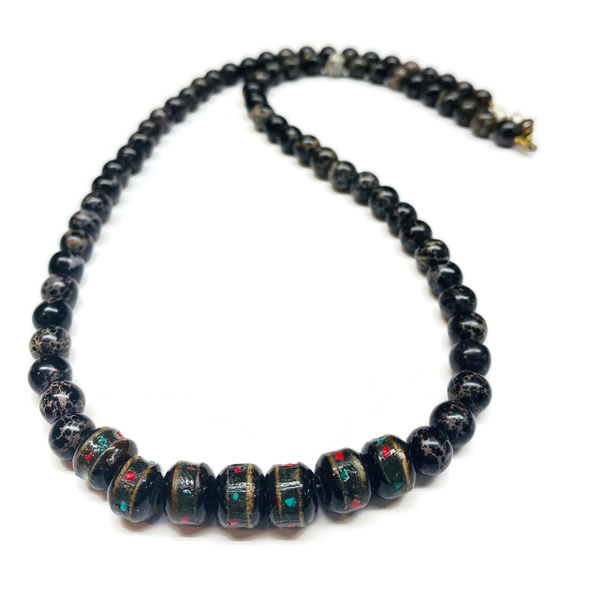 boho tribal surf african yak horn beaded necklace black sea sediment jasper for men african artisan beach