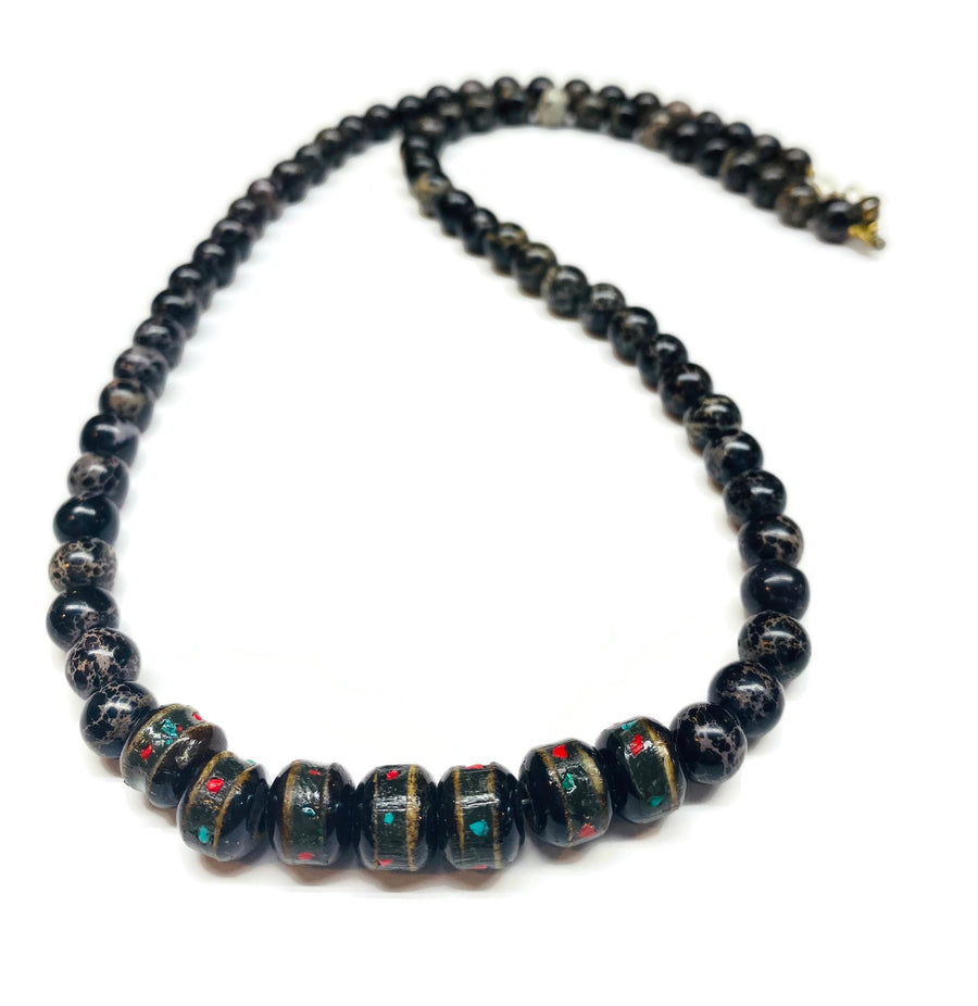 boho tribal surf african yak horn beaded necklace black sea sediment jasper for men african artisan beach