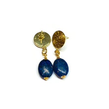 Load image into Gallery viewer, Golden stud hoop earrings with gemstone
