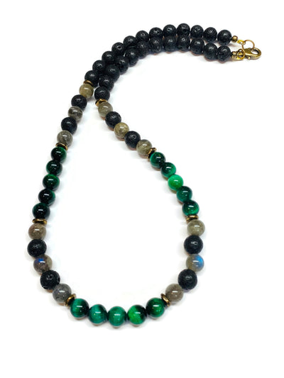 Mens Green Tiger eye, Labradorite, Lava Rock Necklace
