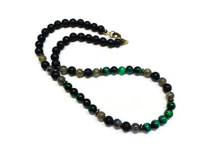 Mens Green Tiger eye, Labradorite, Lava Rock Necklace