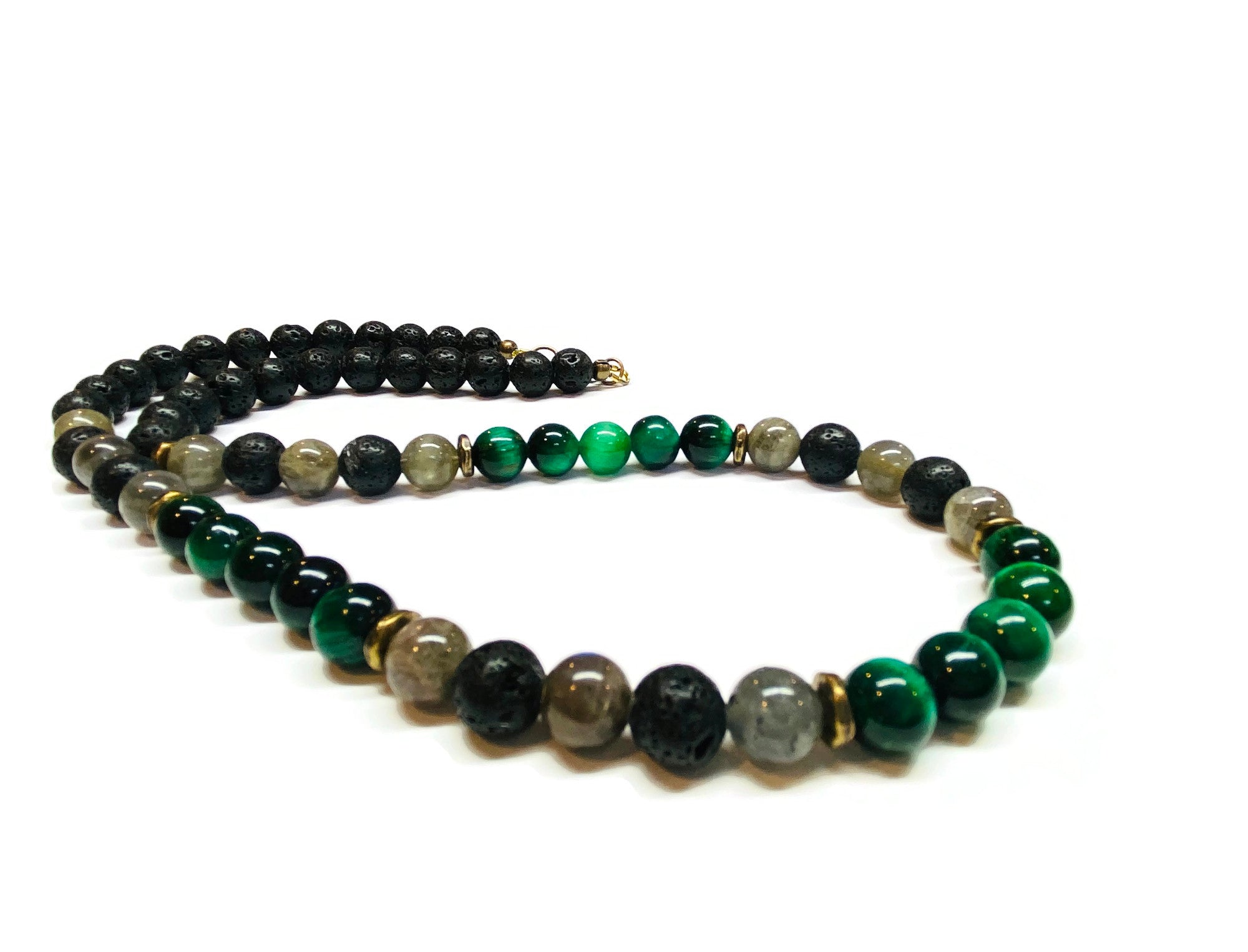 Mens Green Tiger eye, Labradorite, Lava Rock Necklace