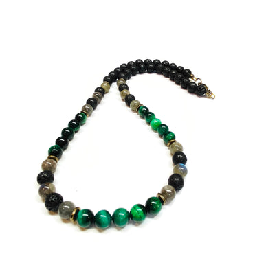 Mens Green Tiger eye, Labradorite, Lava Rock Necklace