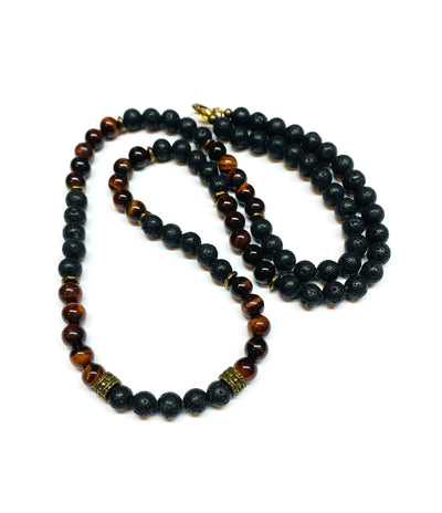 Mens Black Lava Rock and Red Tiger eye Necklace