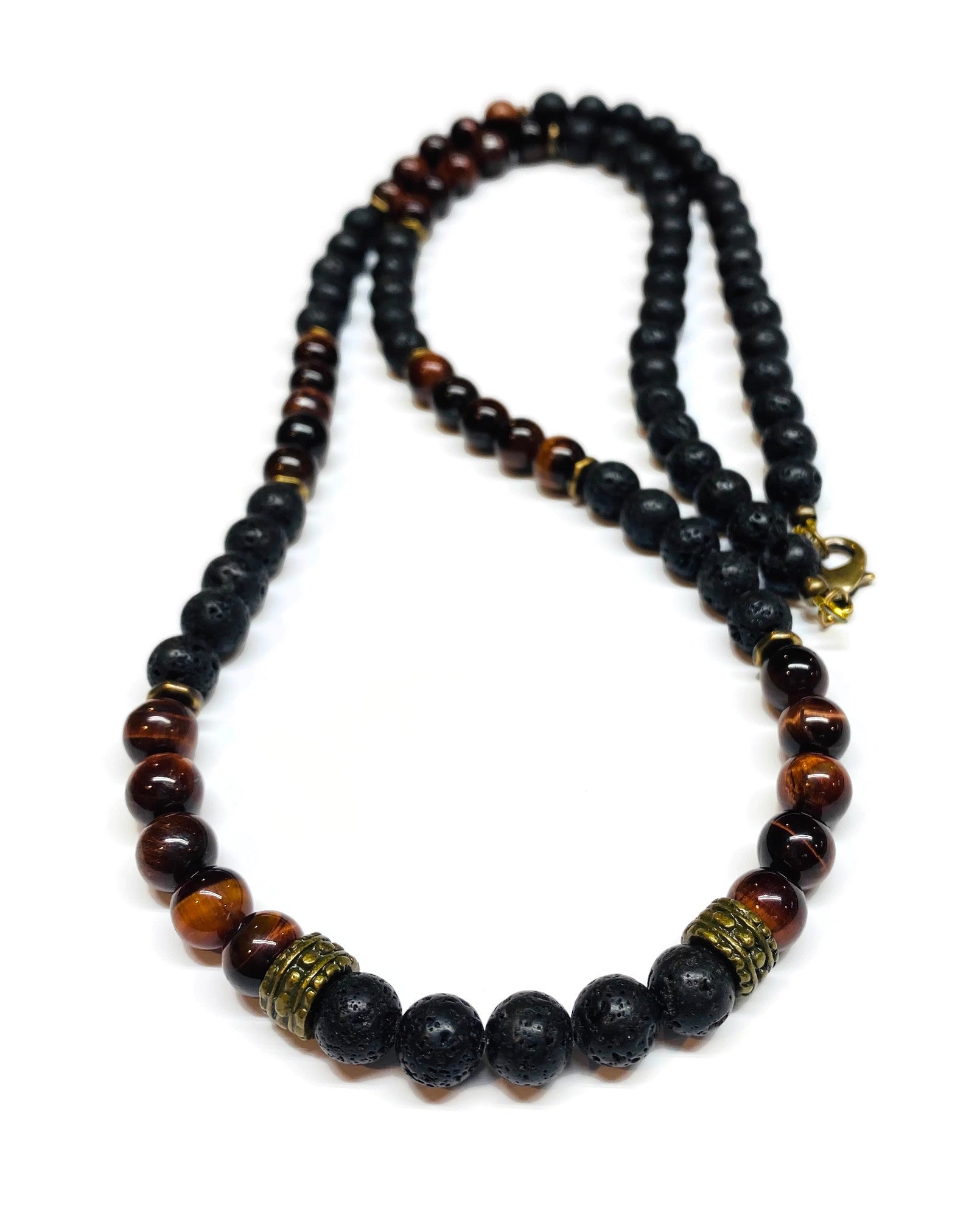 Mens Black Lava Rock and Red Tiger eye Necklace