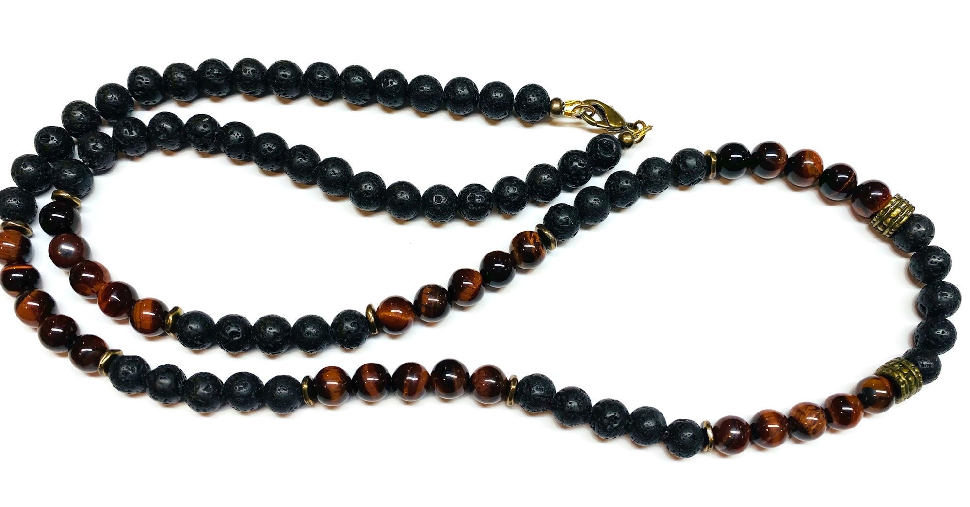Mens Black Lava Rock and Red Tiger eye Necklace