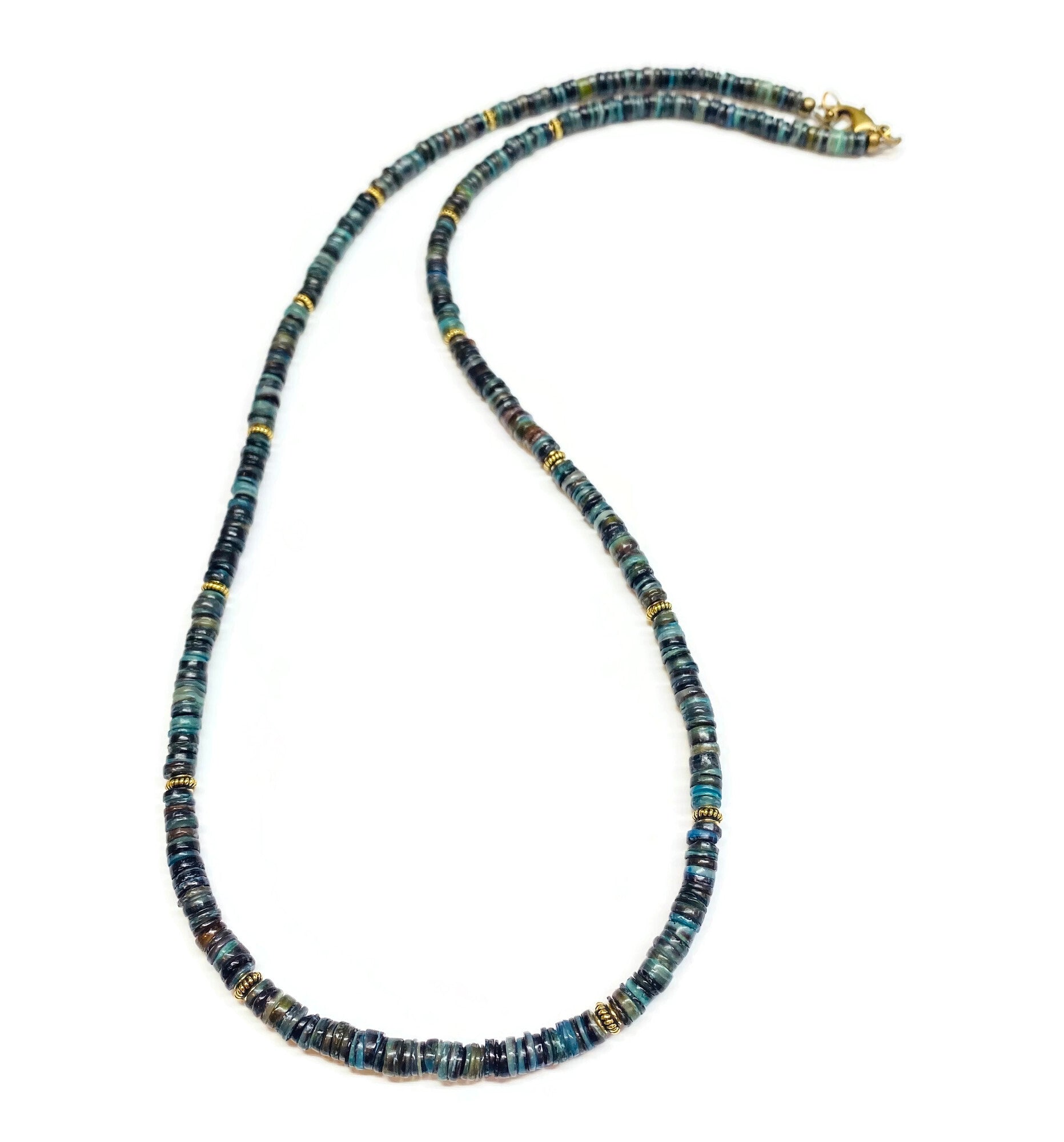 Multi Color Shell heishi and antique gold Necklace Men