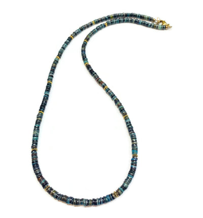 Multi Color Shell heishi and antique gold Necklace Men