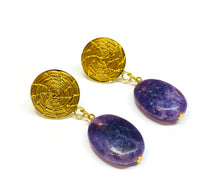 Load image into Gallery viewer, Golden stud hoop earrings with gemstone

