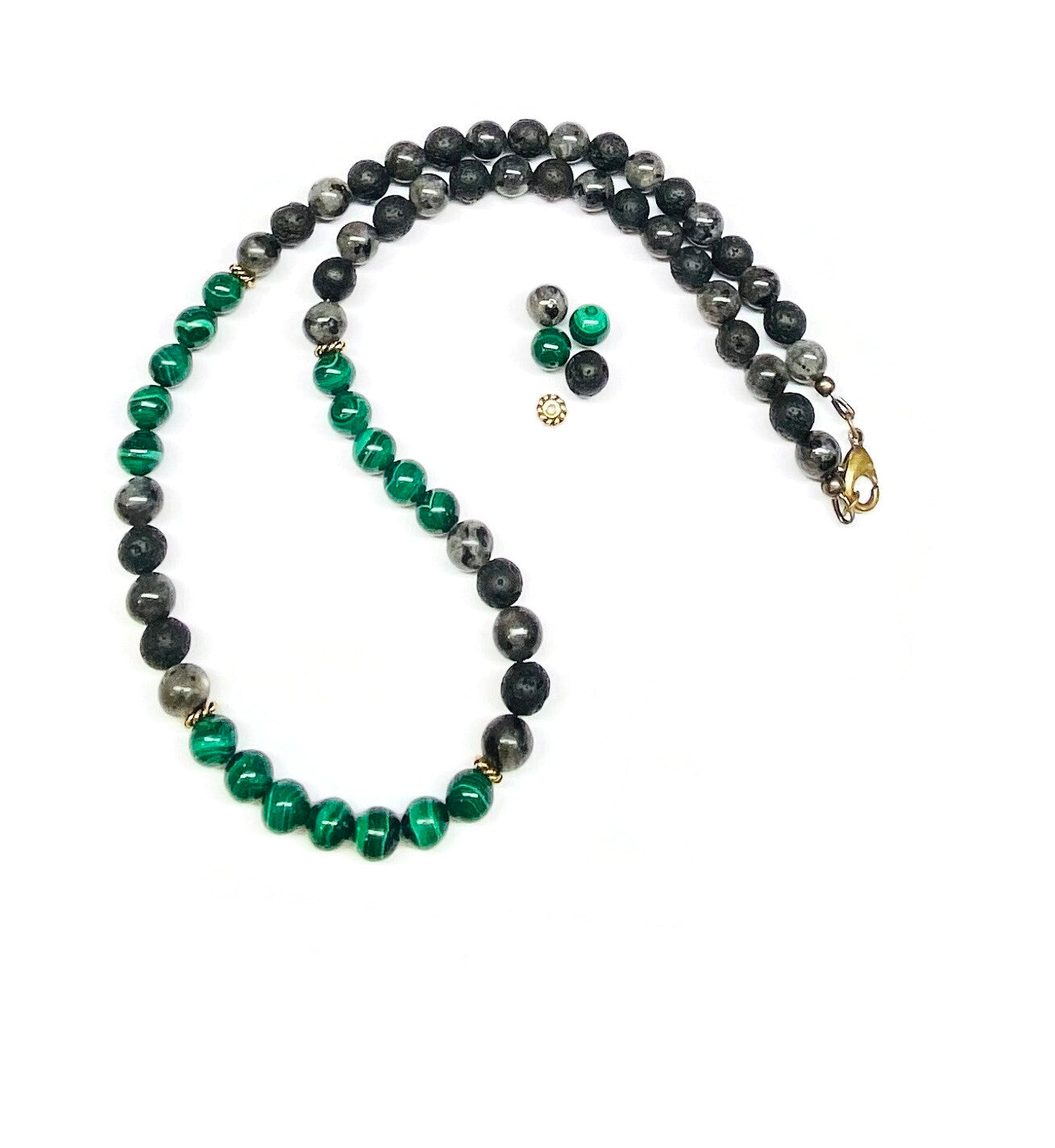 Genuine Malachite, Larvikite Labradorite, Lava Rock Necklace for Men