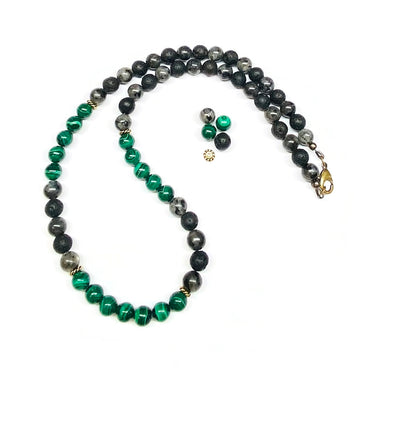 Genuine Malachite, Larvikite Labradorite, Lava Rock Necklace for Men
