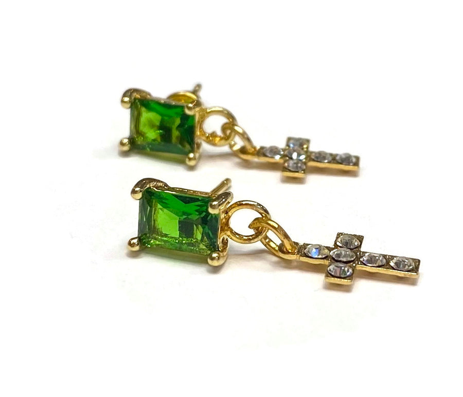 Gold Plated Emerald and Cross Stud Earrings