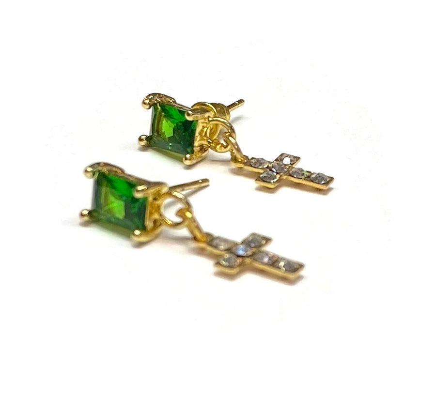 Gold Plated Emerald and Cross Stud Earrings