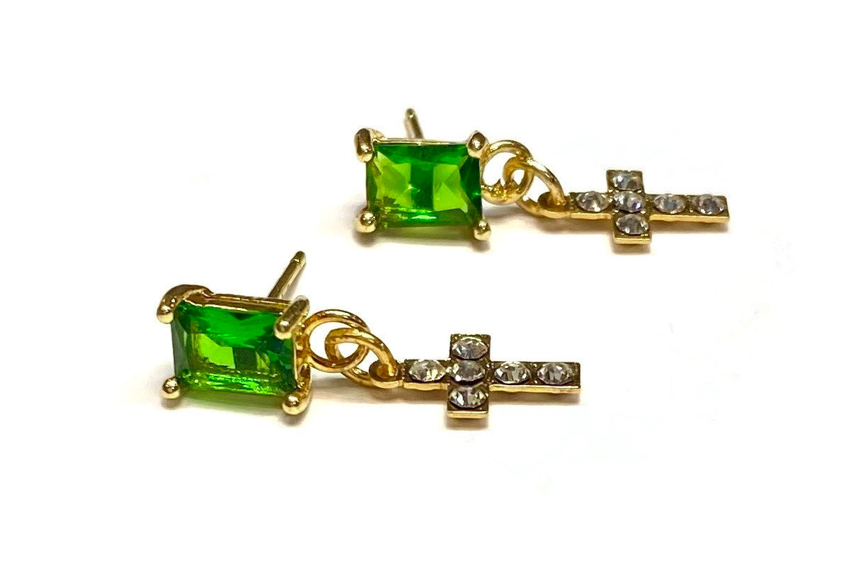 Gold Plated Emerald and Cross Stud Earrings