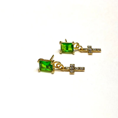Gold Plated Emerald and Cross Stud Earrings