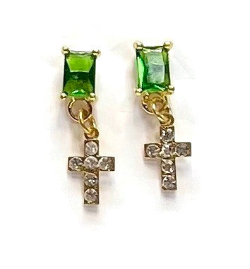 Gold Plated Emerald and Cross Stud Earrings