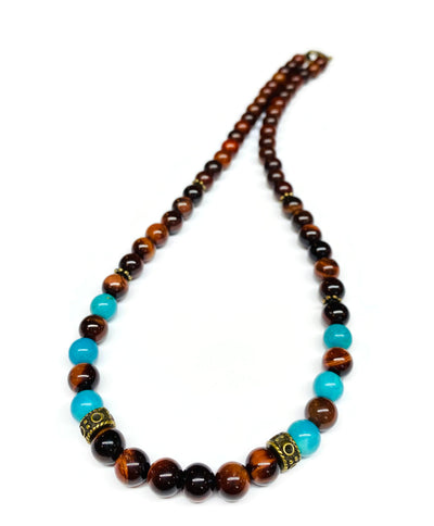 Turquoise Red Tiger Eye and Wood Necklace