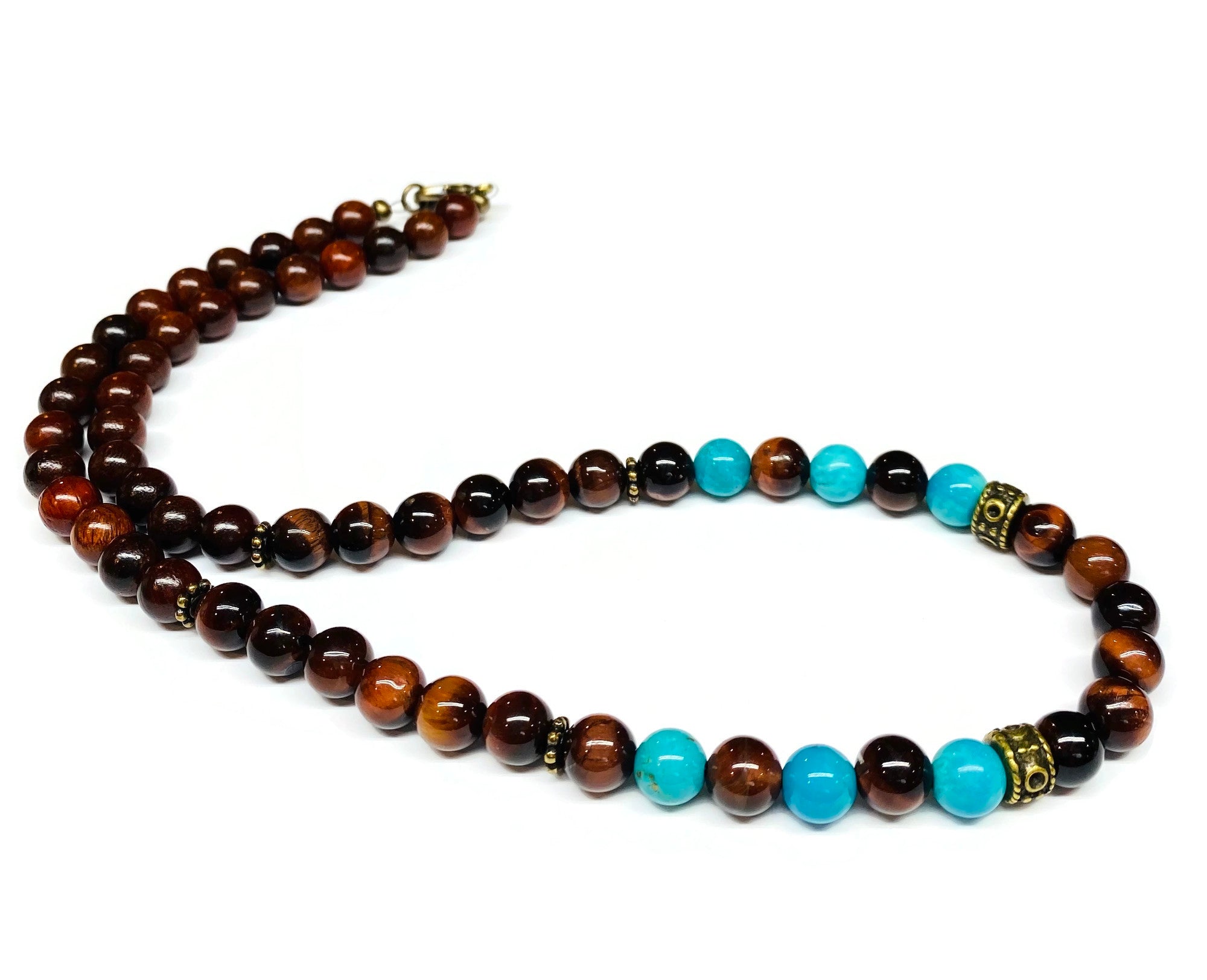 Turquoise Red Tiger Eye and Wood Necklace