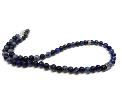 Blue Sodalite and Lava Rock Necklace - Antiqued Silver accents